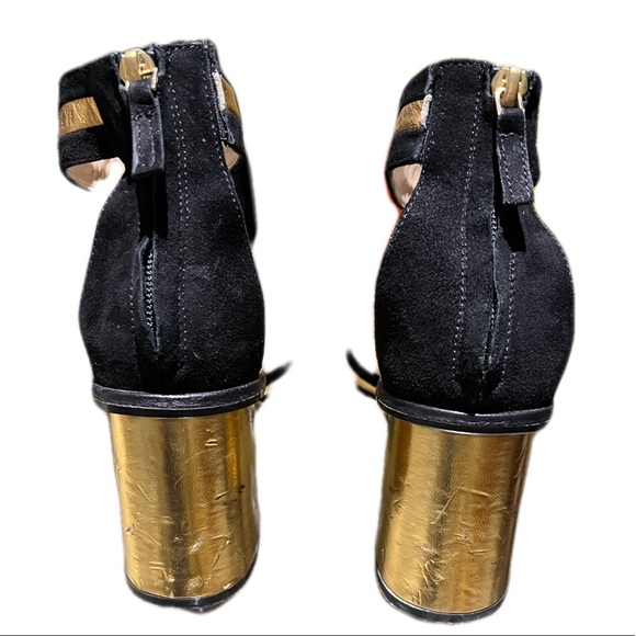 BCBGMAXAZRIA Black Suede And Gold Leather Ankle Strap Sandals - Picture 4 of 6